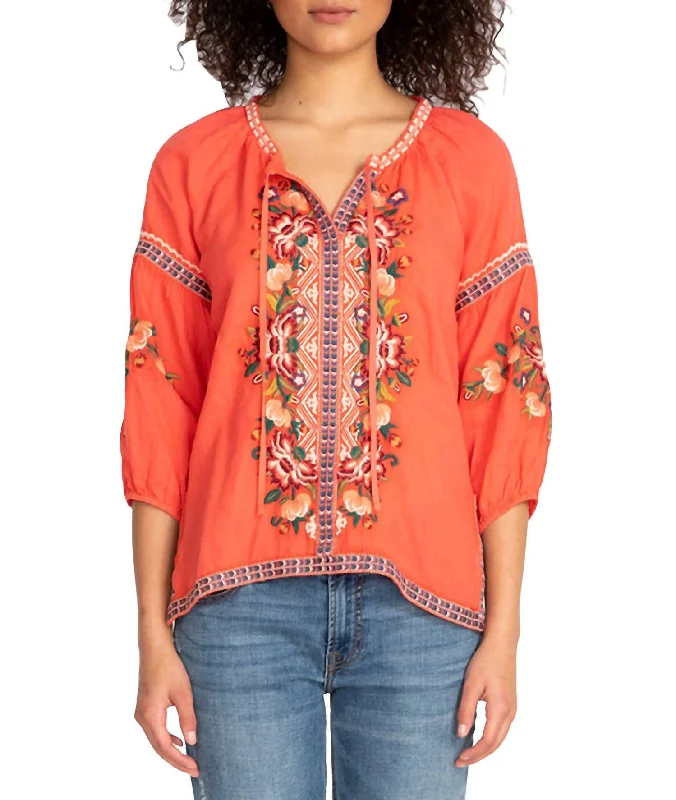 Signature Style Essentials Juliene Candy Land Peasant 3/4 Sleeves Embroidered Top In Multi