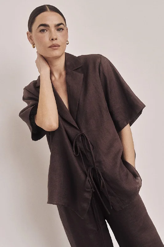 Clearance Sale EMELIA CHOCOLATE LINEN WRAP SHIRT