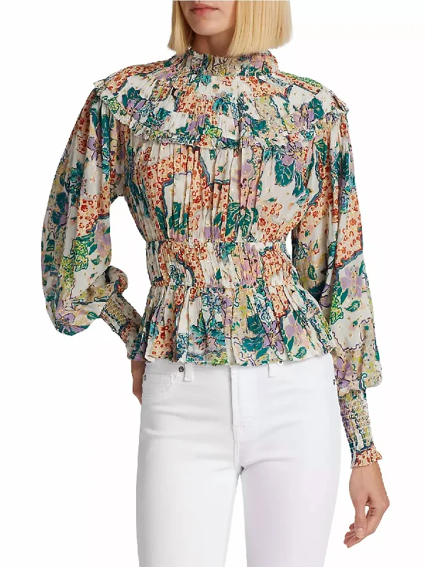 Chic And Trendy Francesca Metallic Floral Top In Bettina White Lurex Print