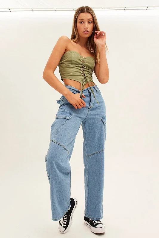 Trendy Women's Outfits for Casual Wear Blue Wide Leg Cargo Pants