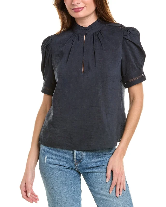 Fashionable Tops for Women FRAME Denim Ruffle Collar Inset Lace Linen-Blend Top