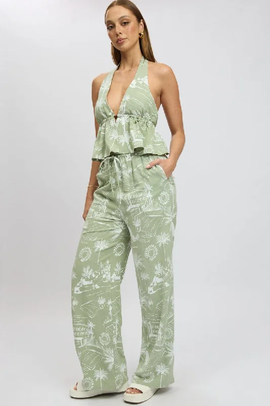 Fashion Deal Green Abstract Wide Leg Pants High Rise