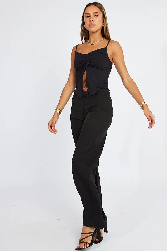 Women Clothes Black Straight Fit Pants Mid Rise