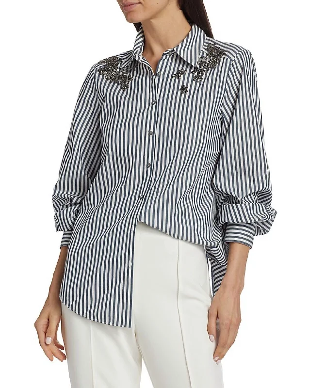 Trendy Pulse Crystal Ivy Stripe Kandice Embellished Shirt In Blue/ivory