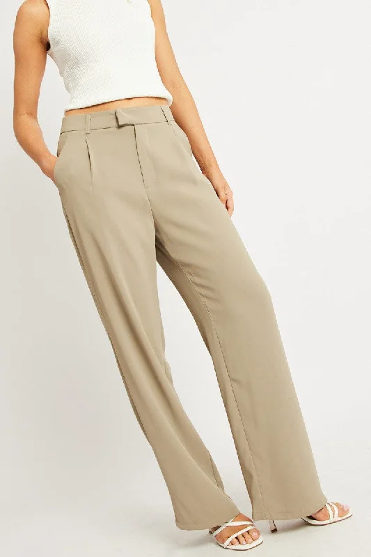 High End Fashion Brown Wide Leg Pants Mid Rise