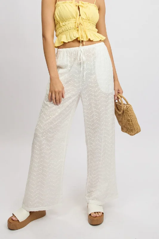 Elevate Your Wardrobe White Wide Leg Pants High Rise Eyelet Fabric