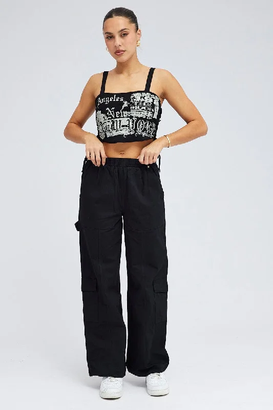 Trendy Women's Wear Collection Black Cargo Pants Wide Leg