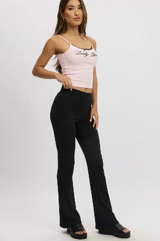 Rocker Chic Fashion Black Fold Back Flare Leg Pants