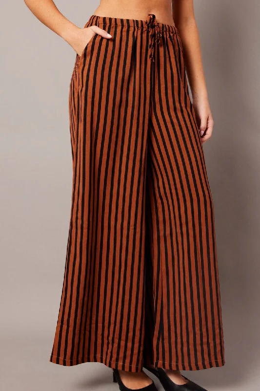 Street Style Fashion Brown Stripe Wide Leg Pants High Rise