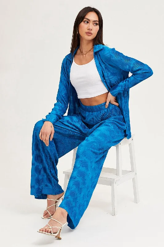 Style Revolution Blue Plisse Pants Wide Leg High Rise