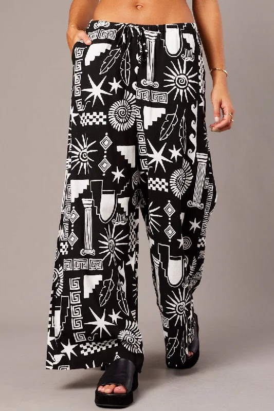 Clothing For Women Black Abstract Wide Leg Pants High Rise