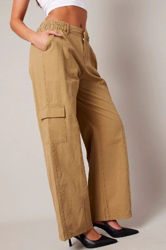 Luxe Women's Fashion Beige Cargo Pants Mid Rise