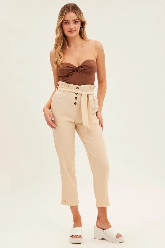 Style Breakthroughs Beige Tie And Elastic Waist Slim Leg Pant