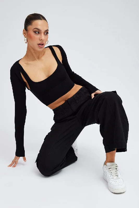 Fashion Essentials Black Cargo Pants Mid Rise