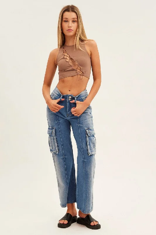 Women's Clothing for Every Season and Trend Blue Wide Leg Denim Cargo Pants