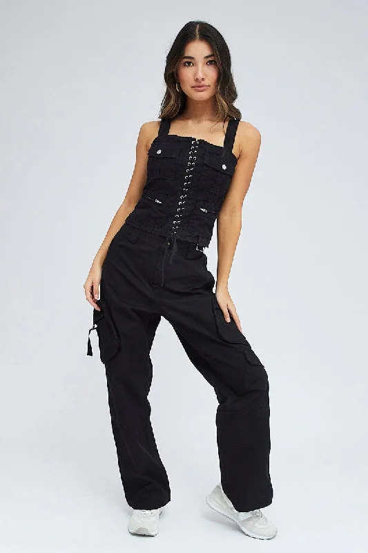 Elegant Women's Clothing Black Cargo Pants Low Rise