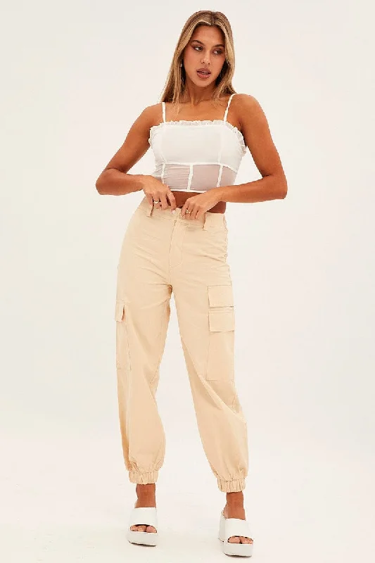 Mega Sale Beige High Rise Wide Leg Cargo Pants