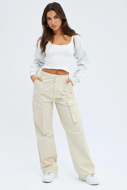 Women Clothes Beige Cargo Pants Low Rise