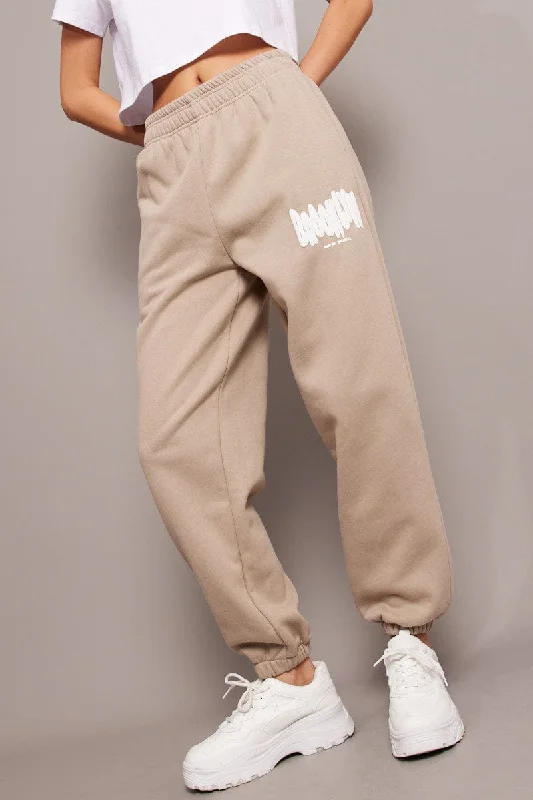 Elegant Simplicity Wardrobe Beige Track Pants High Rise