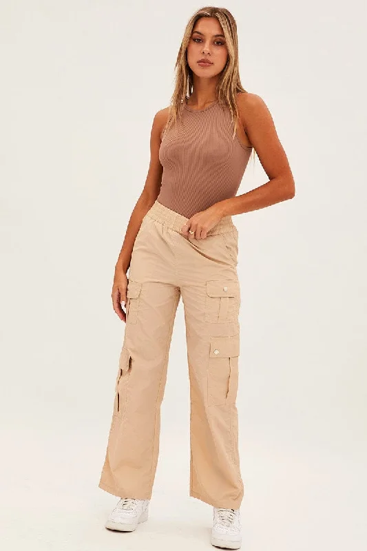 Stylish Basics Beige Elastic Waist High Rise Wide Leg Cargo Pants