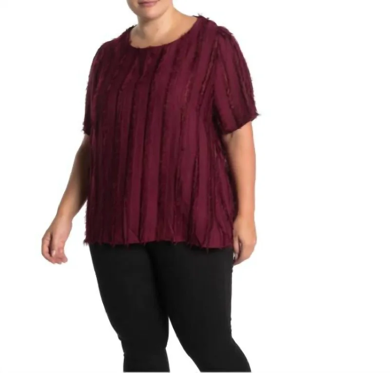 Women's Seasonal Fashion Trends Shadow Stripe Eyelash Merlot Fringe Top In Red