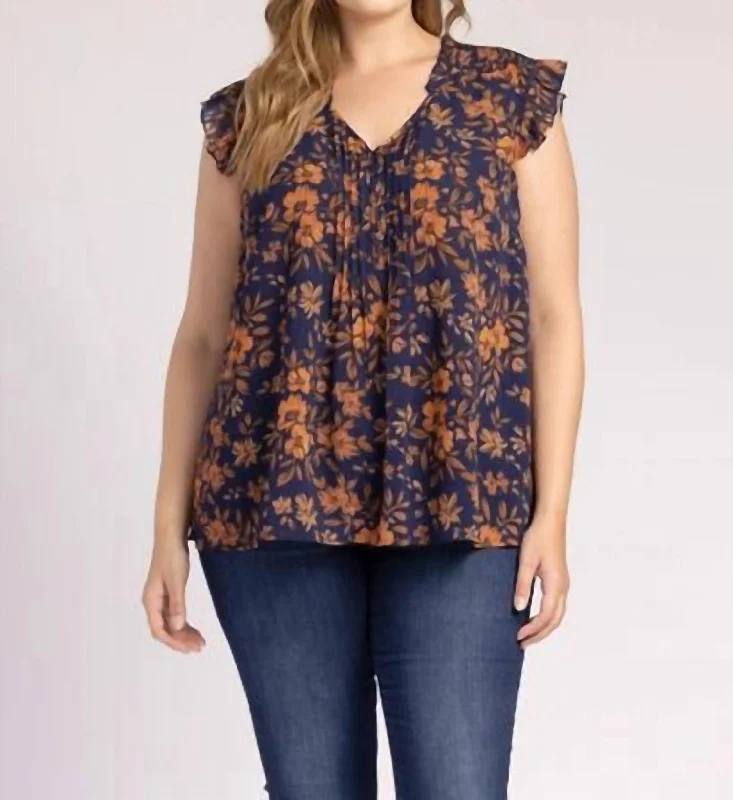 Summer Deals Kamari Ruffle Sleeve Floral Top - Plus In Navy Multi