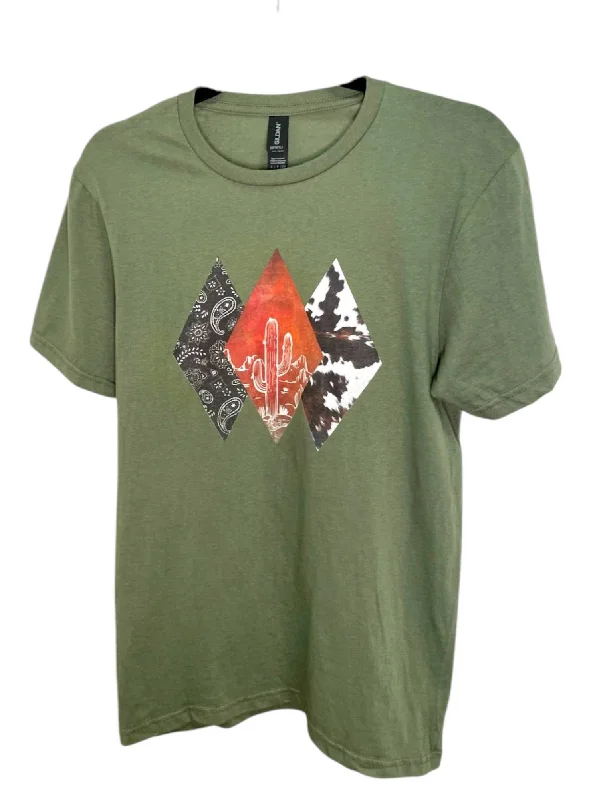 New Styles Just In Diamond Cactus Cowhide Graphic Top In Olive