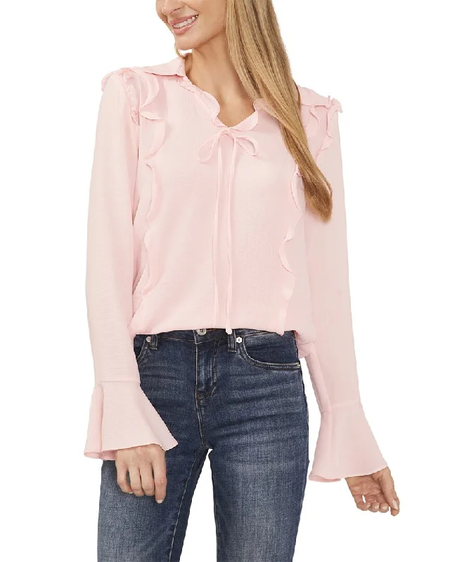 Timeless Women's Fashion Styles CeCe V-Neck Collared Ruffled Bow Top