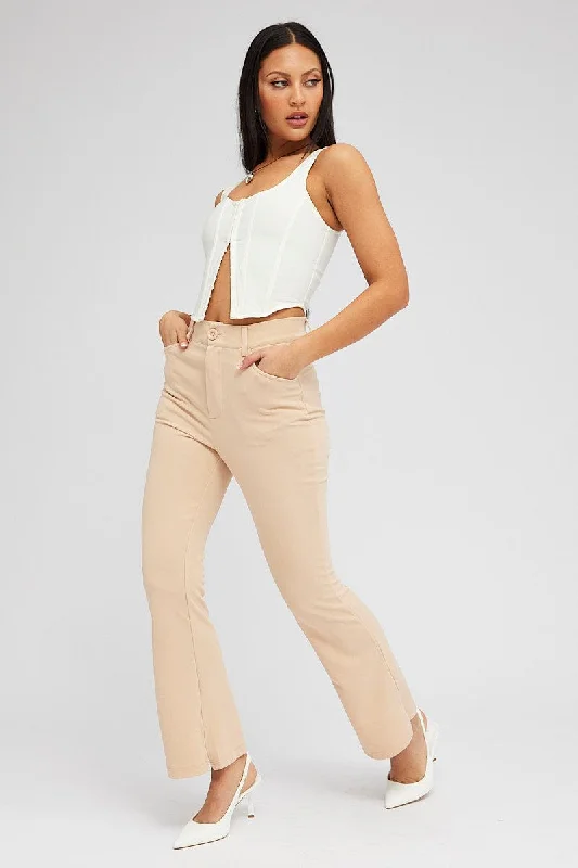 Seasonal Clearance Beige Flare Leg Pants High Rise