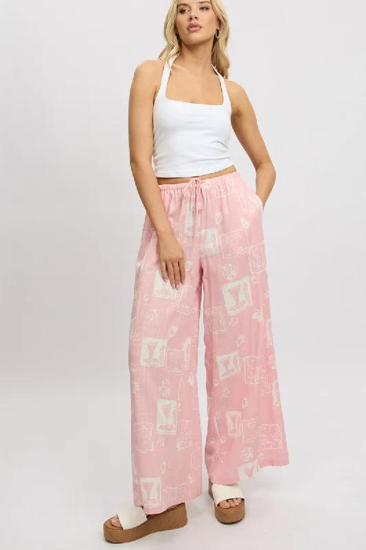 Women's Clothing Sale Online Pink Abstract Wide Leg Pants High Rise