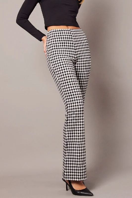 Runway Inspired Wear Black Check Flare Leg Pants High Rise