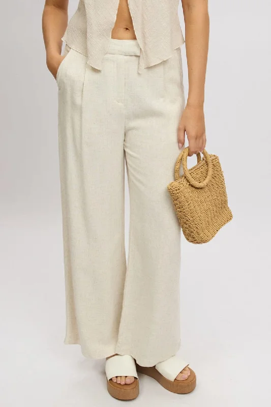 Fashion Forward Beige Wide Leg Pants Mid Rise