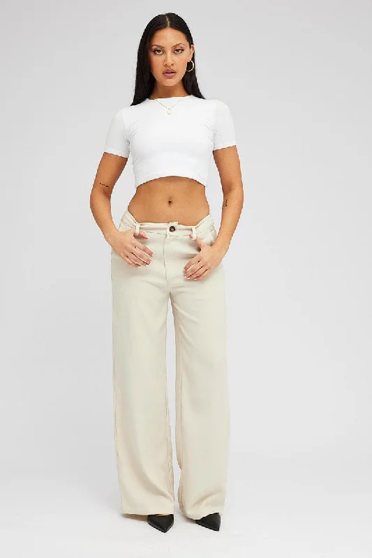 Style Redefined Beige Wide Leg Pants High Rise