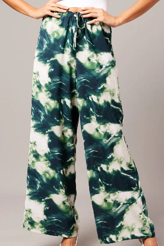 Sophisticated Fashion Green Abstract Wide Leg Pants Mid Rise