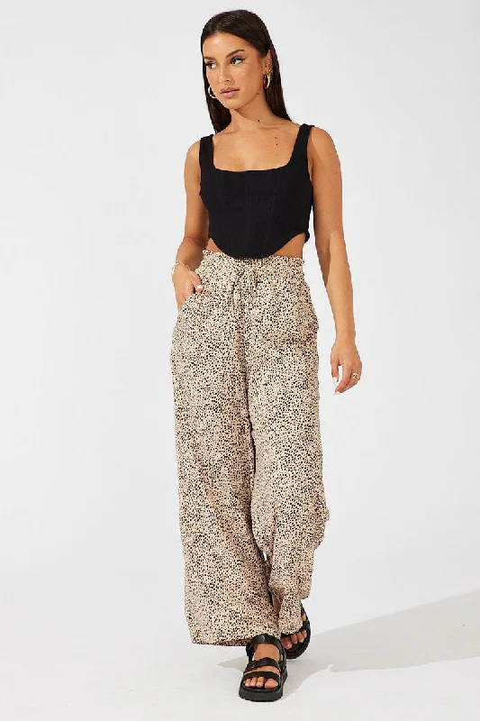 Chic Style, Always In Vogue Beige Animal Print Wide Leg Pants High Rise