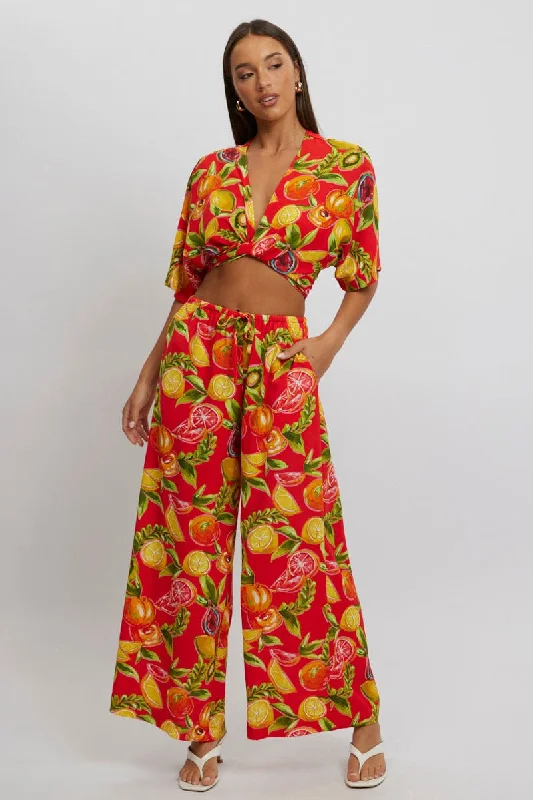 Sale Clearance Red Abstract Wide Leg Pants High Rise