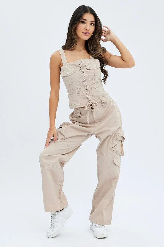 Fashionable Dresses for Women Beige Cargo Pants Low Rise