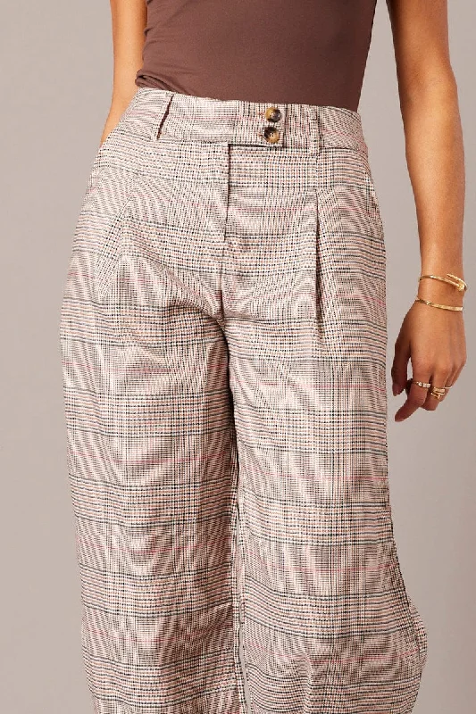 Women Wear Online Beige Check Wide Leg Pants Tailored