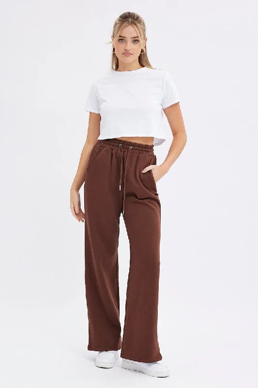 Redefining Women's Fashion Brown Wide Leg Track Pants High Rise