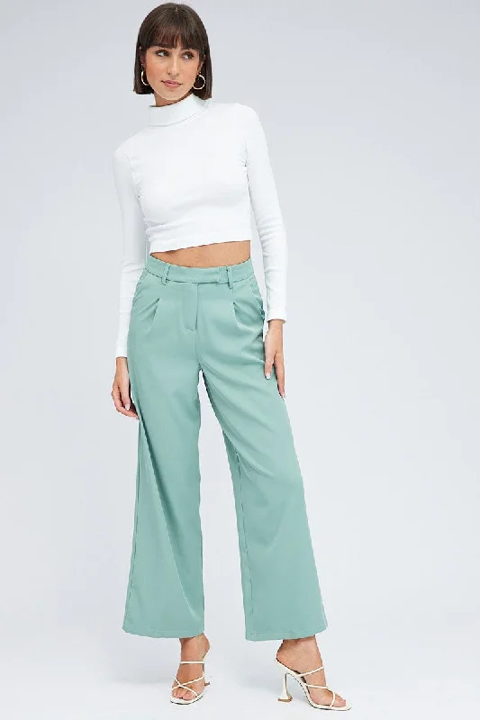 Comfort Meets Fashion Green Wide Leg Pants High Rise