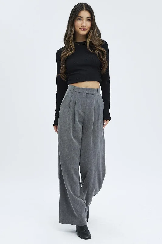 Flash Sale Online Grey Wide Leg Pants Turn Down Waist Low Rise