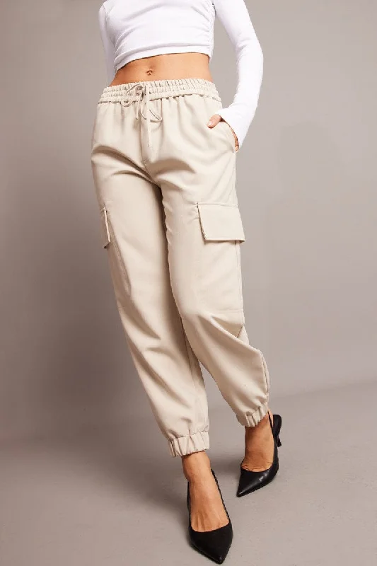 Casual Fashion Beige Slim Pants Elasticated Hem