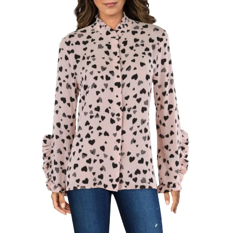 Flash Sale, Don't Miss Womens Heart Print Ruffle Trim Button-Down Top