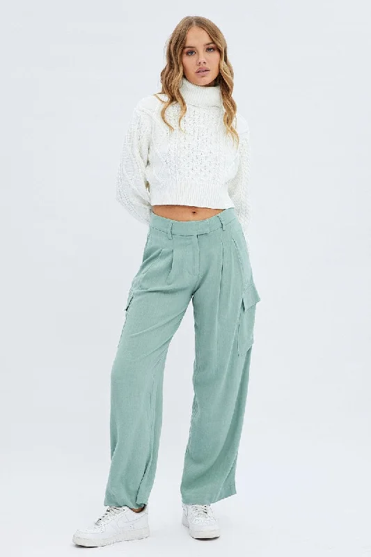 Chic Women's Clothing for Date Nights Green Cargo Pants Low Rise Wide Leg