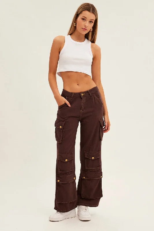 Women Wear Boutique Brown Denim Cargo Jeans