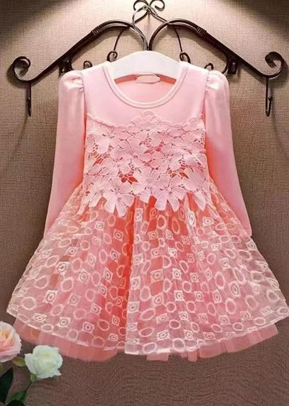 Limited Stock, Big Sale Casual Pink Hollow Out Floral Tulle Patchwork Girls Mid Dress Fall