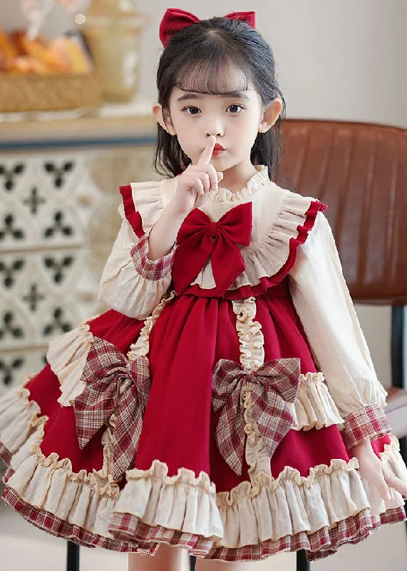 Limited Time Offer Classy Red Bow Ruffled Patchwork Kids Mid Dress Long Sleeve