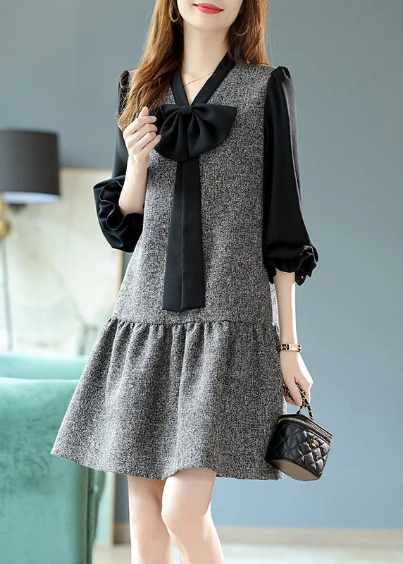 Comfort Centric Apparel French Grey V Neck Bow Patchwork Wrinkled Mid Dresses Long Sleeve