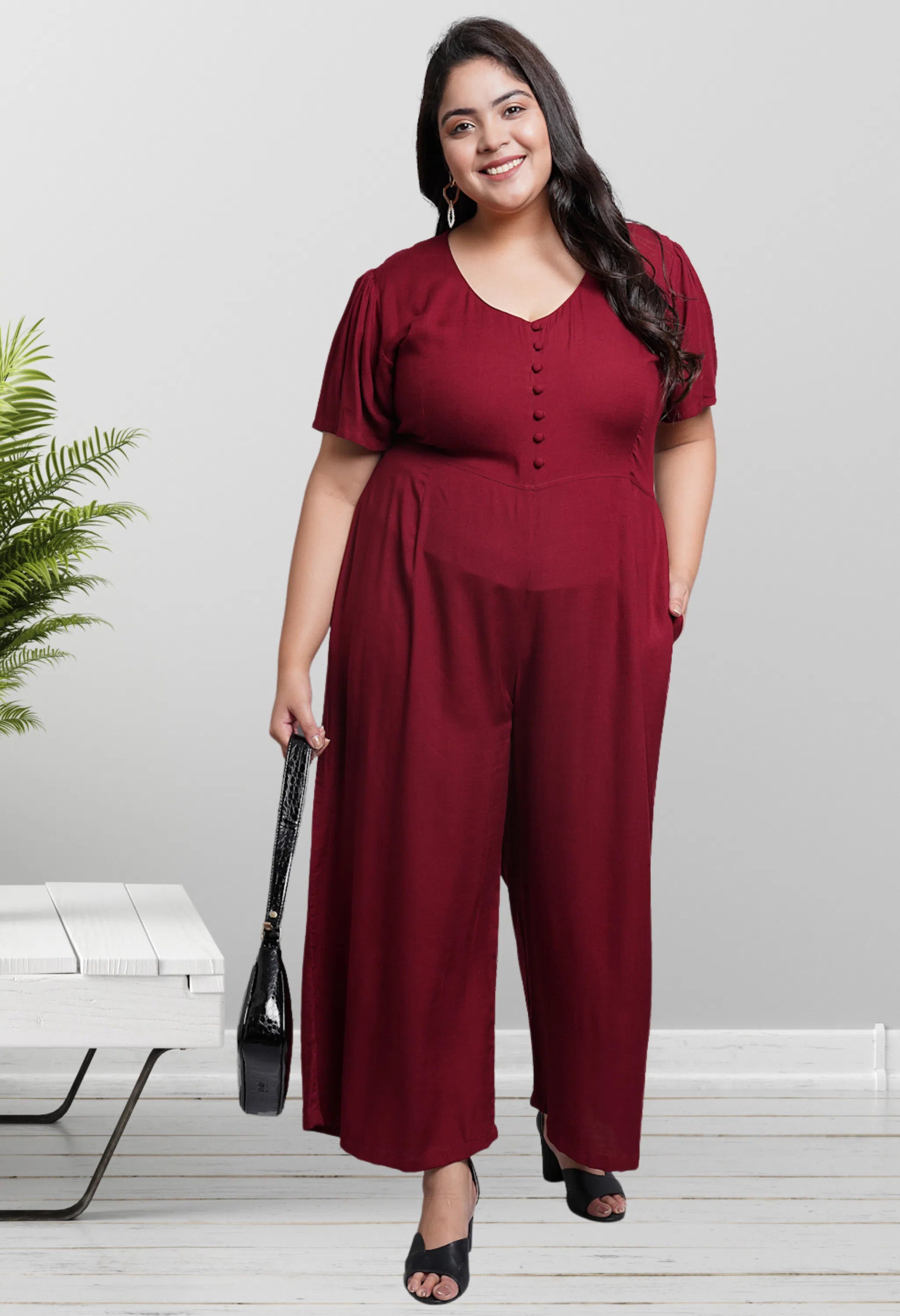 Outlet Clothing Women Solid Plus Size Maroon Jumpsuits & Sets