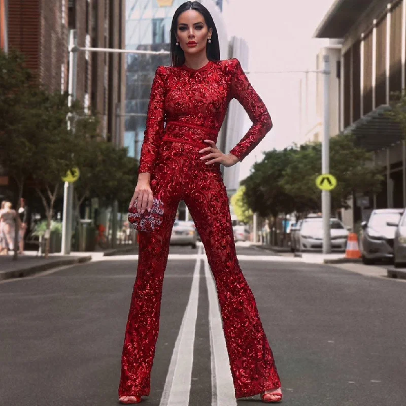 Trendy Outfits For Ladies Sparkly Lace Embellished Long Sleeve Flare Sequin Bandage Jumpsuit - Red